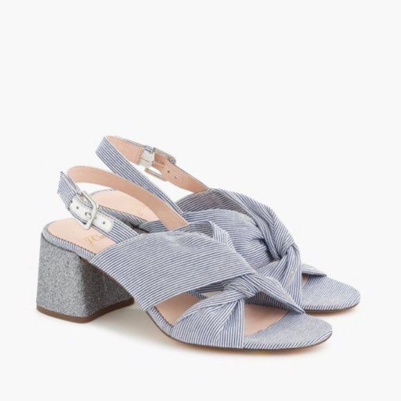 J. Crew Shoes - J. Crew Penny Twist Knot Pinstripe Blue Glitter Block Hell Sandals in Blue
